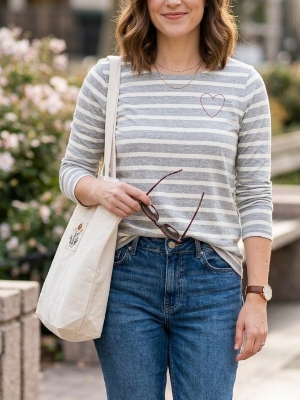 Old Navy Gray & White Stripe Long Sleeve Tee with Red Heart